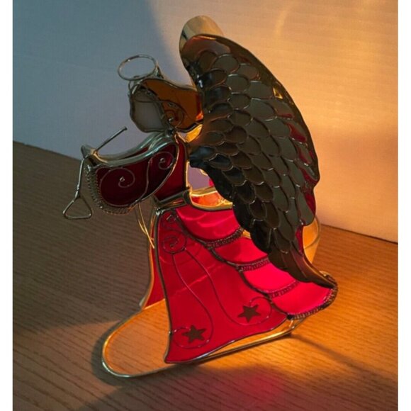 Vtg Stained Glass Christmas Angel Candle Holder Red & Gold 9inch Holding Trumpet - Picture 6 of 10
